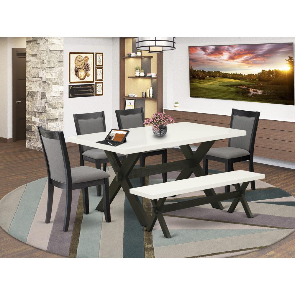 X626MZ650-6 6 Pc Table Set - Linen White Dinner Table with Kitchen Bench and 4 Dark Gotham Grey Chairs - Wire Brushed Black Finish. Picture 2