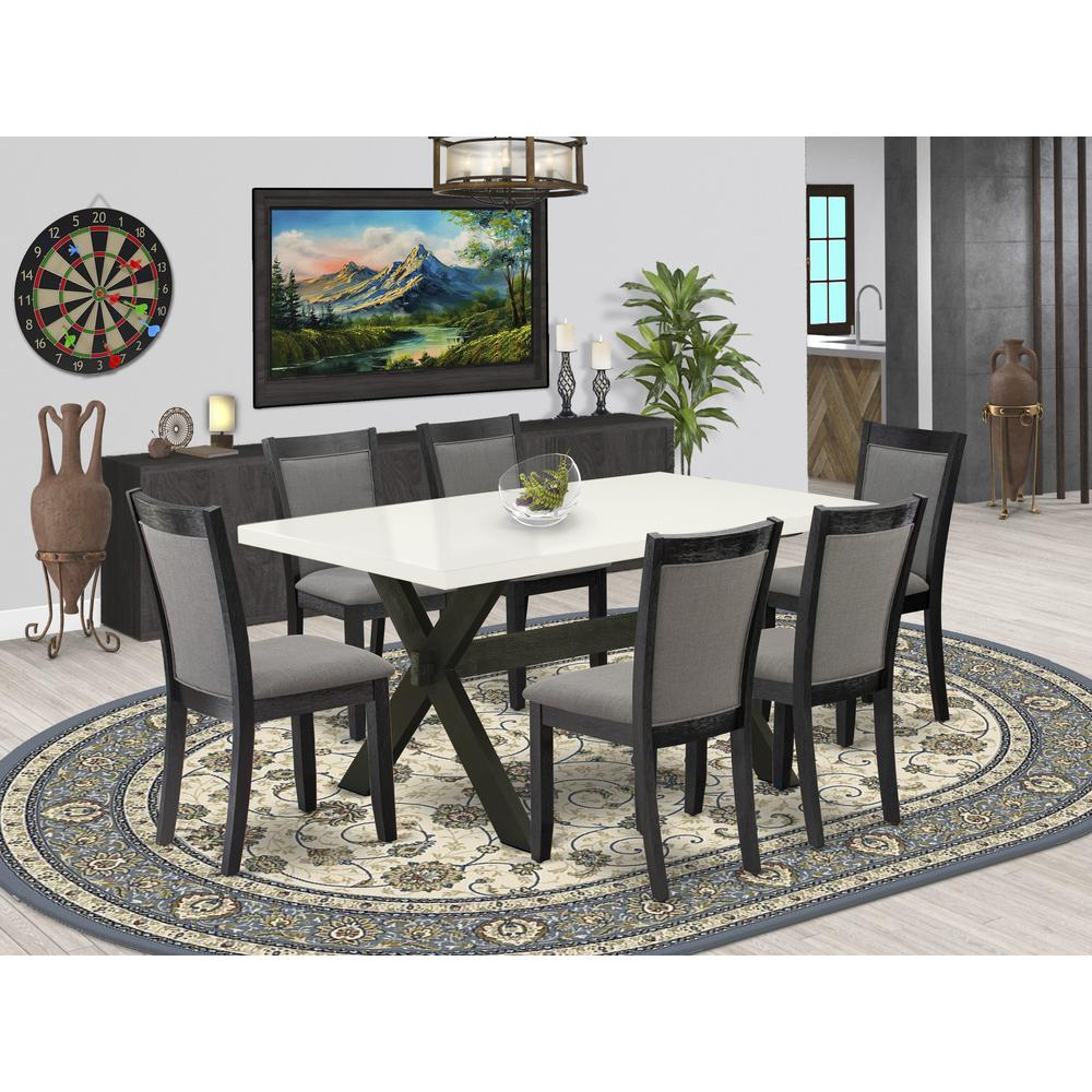 X626MZ650-7 7 Pc Dining Set - Linen White Dining Table with 6 Dark Gotham Grey Chairs - Wire Brushed Black Finish. Picture 2