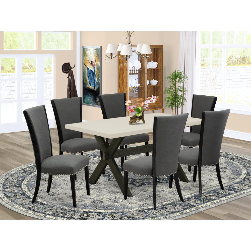 East West Furniture 7 Pc Dinner Table Set Consists of a Linen White Modern Kitchen Table and 6 Dark Gotham Grey Linen Fabric Dining Chairs with High Back - Wire Brushed Black Finish. Picture 2