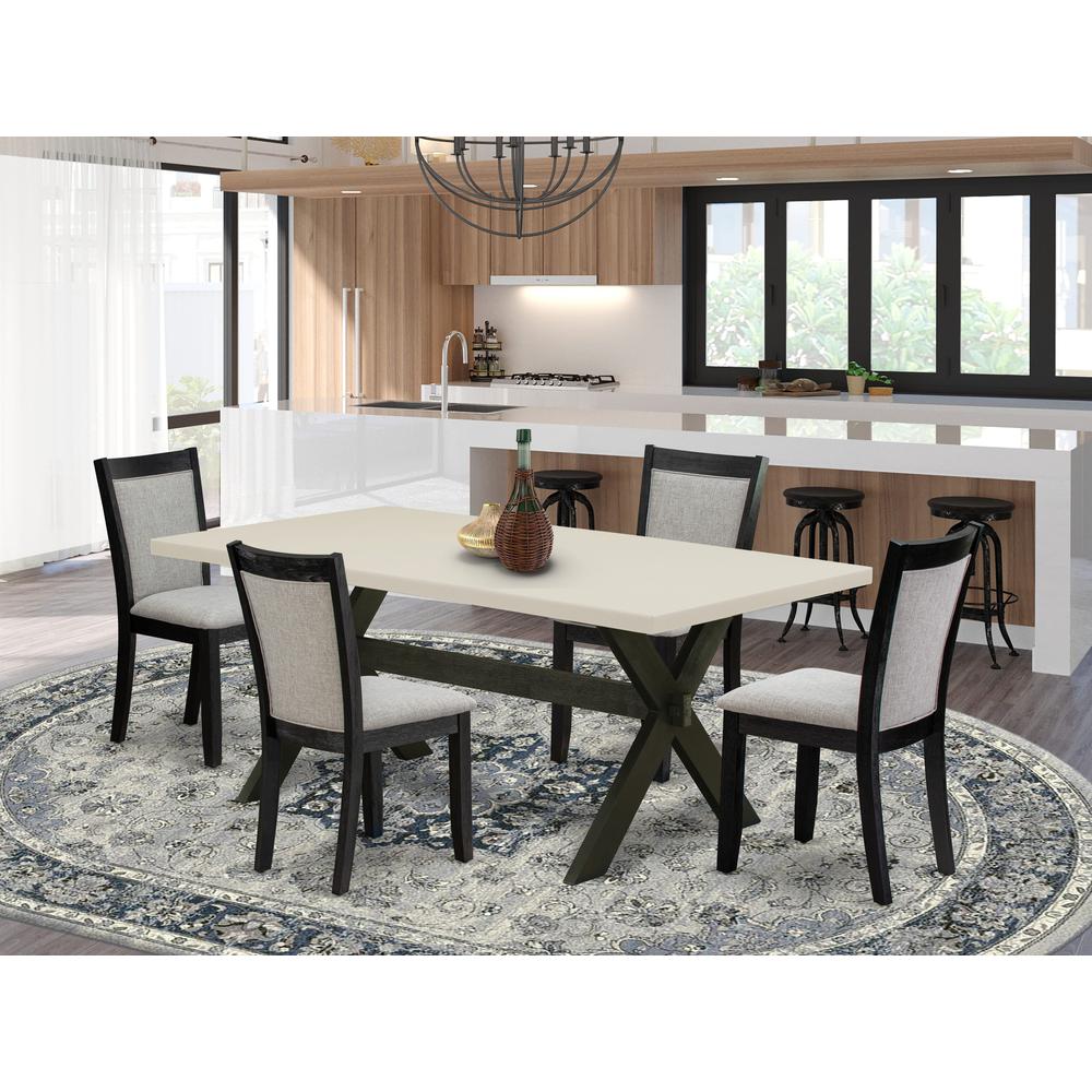 East West Furniture 5 Piece Dining Set - Linen White Top Wood Dining Table with Trestle Base and 4 Shitake Linen Fabric Parson Chairs - Wire Brushed Black Finish. Picture 2