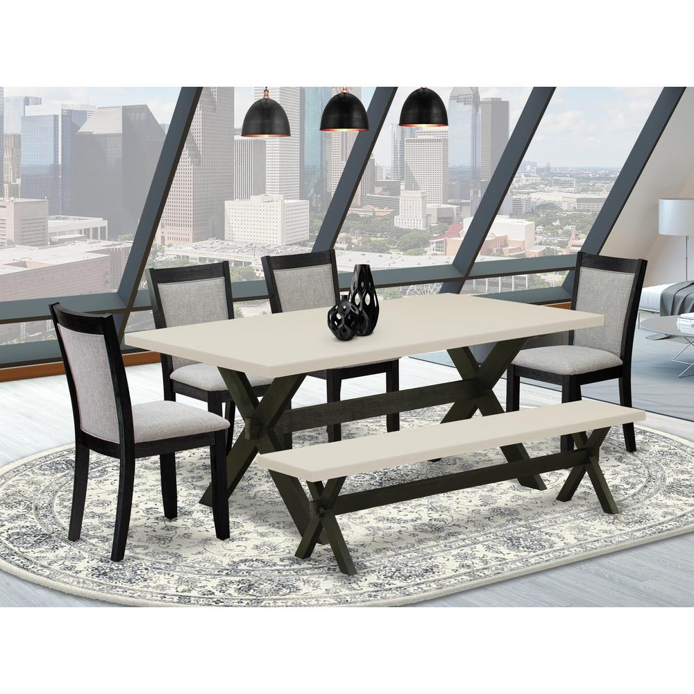 East West Furniture 6 Pc Dinner Table Set - Linen White Top Wooden Table with a Kitchen Bench and 4 Shitake Linen Fabric Upholstered Dining Room Chairs - Wire Brushed Black Finish. Picture 2