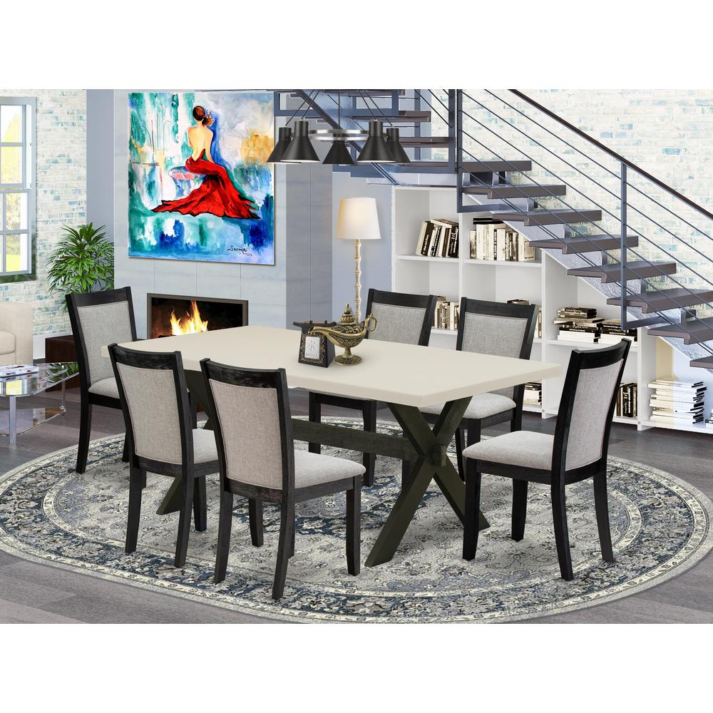 East West Furniture 7 Piece Table Set - Linen White Top Wooden Table with Trestle Base and 6 Shitake Linen Fabric Kitchen Chairs - Wire Brushed Black Finish. Picture 2