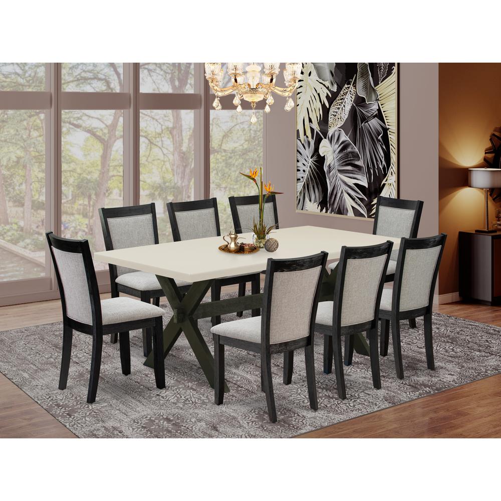 East West Furniture 9 Piece Table Set - A Linen White Top Mid Century Dining Table with Trestle Base and 8 Shitake Linen Fabric Upholstered Dining Chairs - Wire Brushed Black Finish. Picture 2