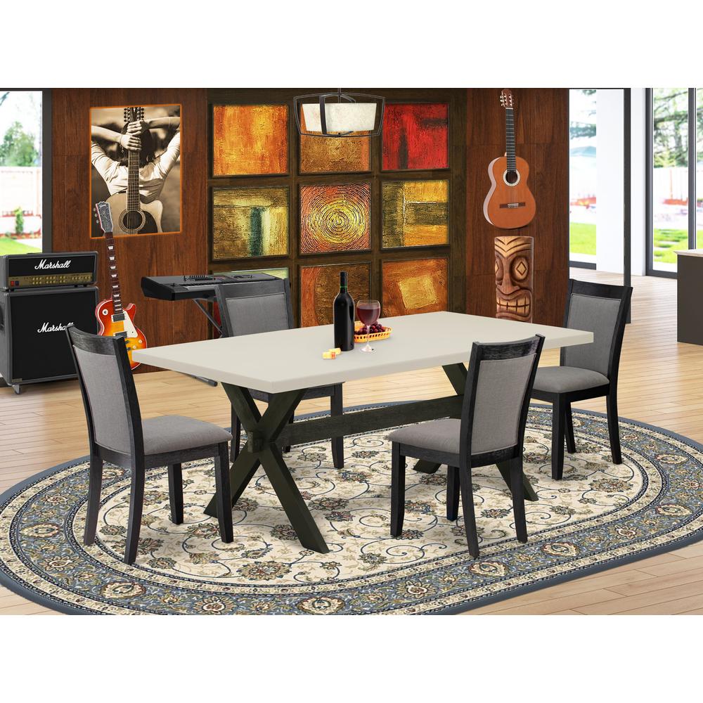 East West Furniture 5 Pc Dinner Table Set - Linen White Top Mid Century Dining Table with Trestle Base and 4 Dark Gotham Grey Linen Fabric Modern Dining Chairs - Wire Brushed Black Finish. Picture 2