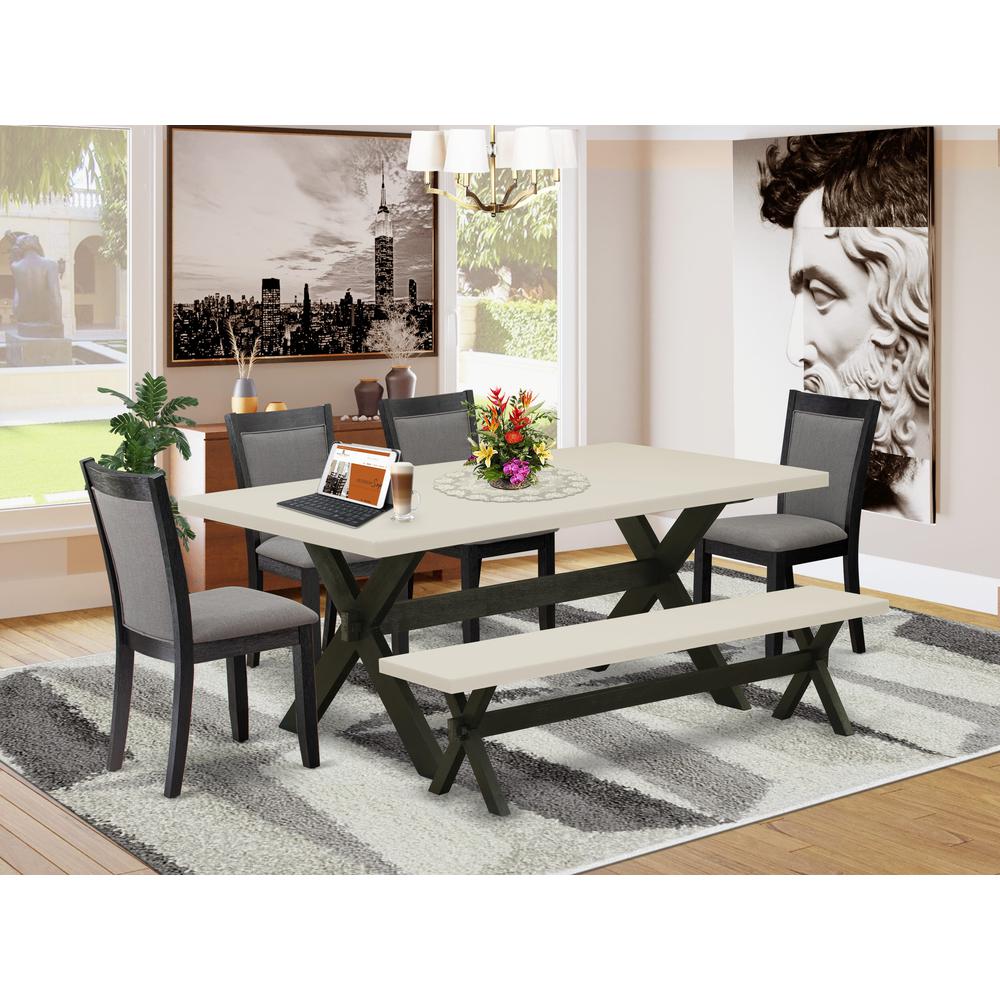 East West Furniture 6 Pc Table Set - Linen White Top Dinner Table with a Wood Bench and 4 Dark Gotham Grey Linen Fabric Upholstered Dining Chairs - Wire Brushed Black Finish. Picture 2