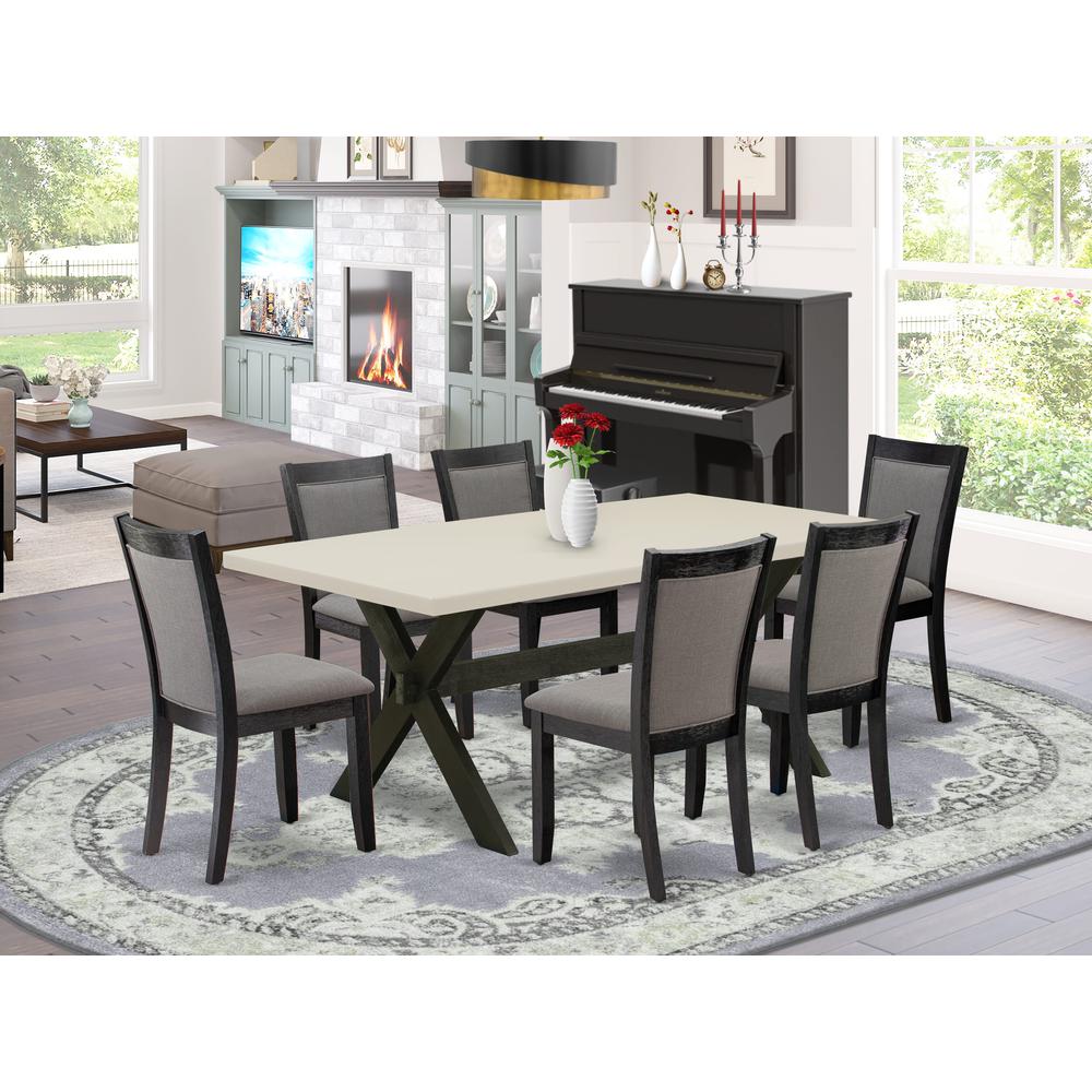 East West Furniture 7 Piece Kitchen Table Set - Linen White Top Mid Century Dining Table with Trestle Base and 6 Dark Gotham Grey Linen Fabric Dining Chairs - Wire Brushed Black Finish. Picture 2