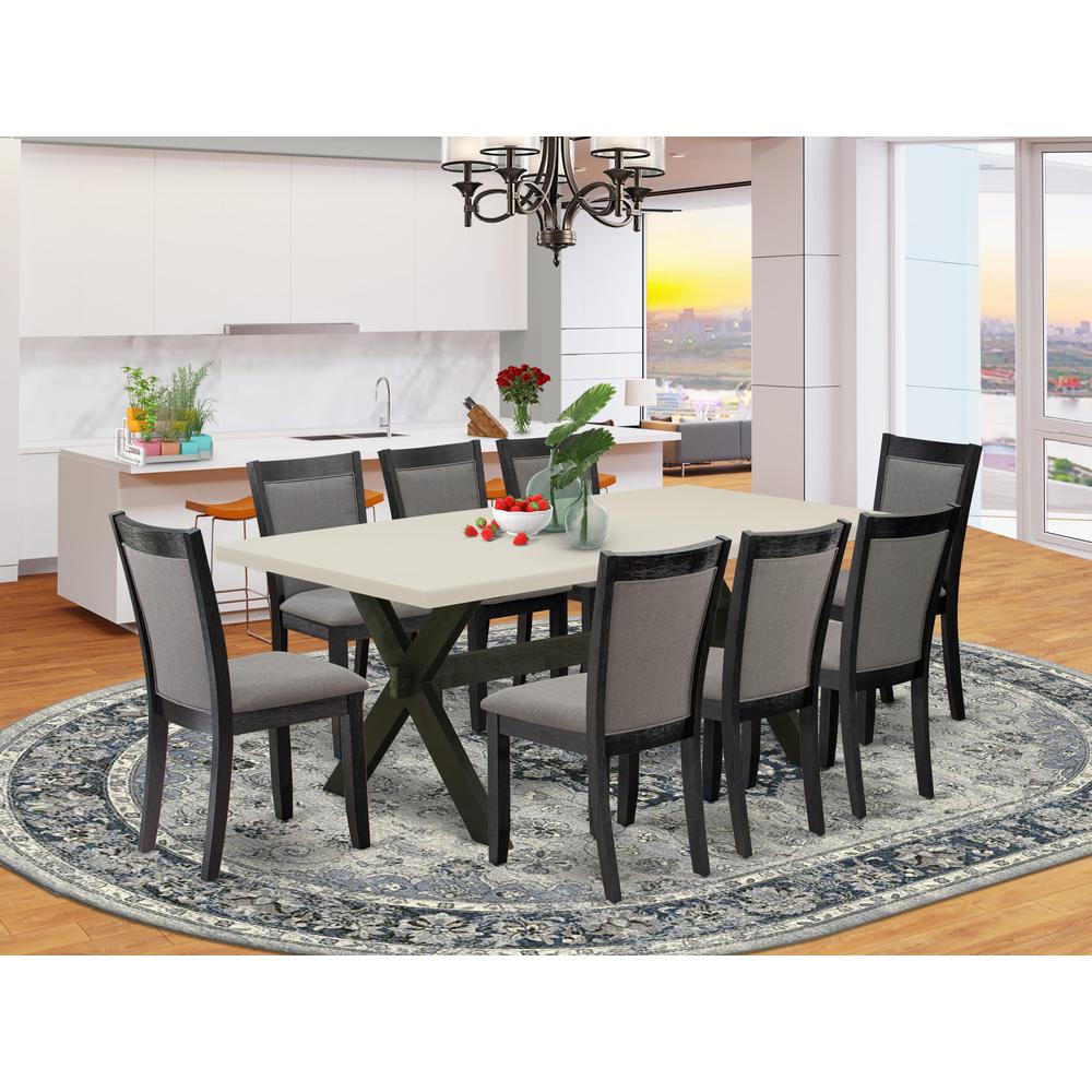 East West Furniture 9 Piece Dinner Table Set - A Linen White Top Dining Room Table with Trestle Base and 8 Dark Gotham Grey Linen Fabric Modern Dining Chairs - Wire Brushed Black Finish. Picture 2