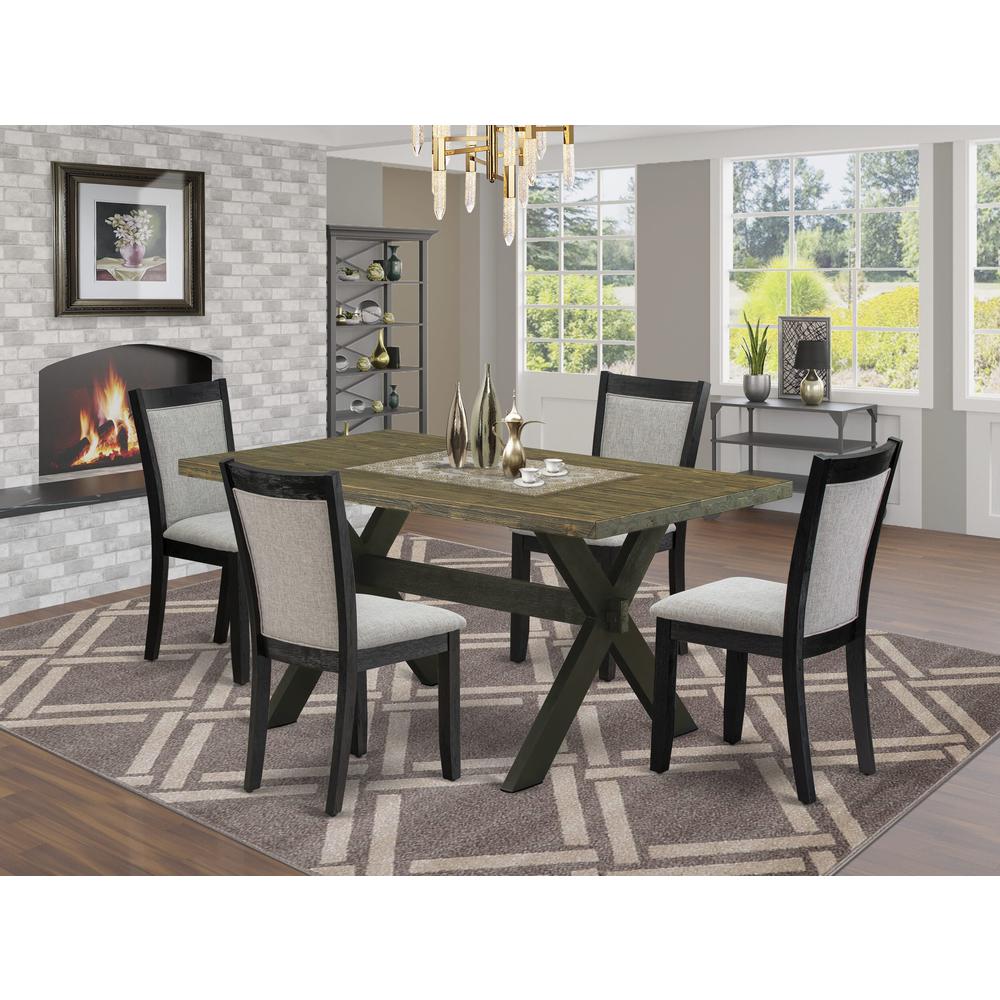 X676MZ606-5 5 Piece Dinette Set - Distressed Jacobean Table with 4 Shitake Linen Fabric Kitchen Chairs - Wire Brushed Black Finish. Picture 2