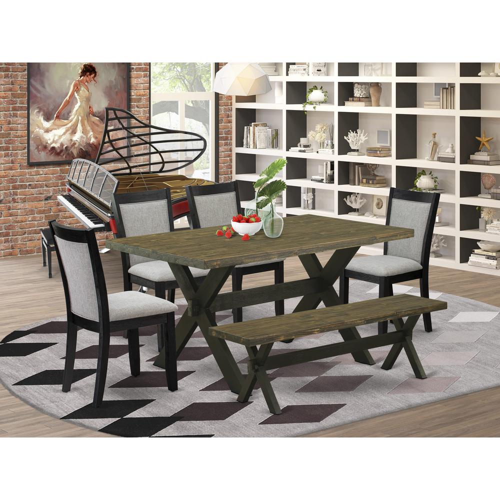 X676MZ606-6 6 Pc Dining Room Table Set - Distressed Jacobean Table with a Bench and 4 Shitake Chairs - Wire Brushed Black Finish. Picture 2