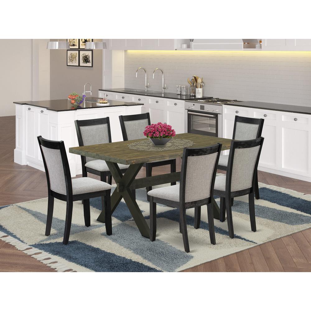 X676MZ606-7 7 Pc Dinette Set - Distressed Jacobean Wood Dining Table with 6 Shitake Parson Chairs - Wire Brushed Black Finish. Picture 2