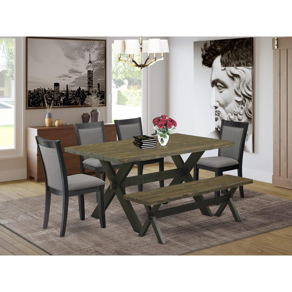 X676MZ650-6 6 Pc Dinette Set - Distressed Jacobean Table with a Bench and 4 Dark Gotham Grey Chairs - Wire Brushed Black Finish. Picture 2