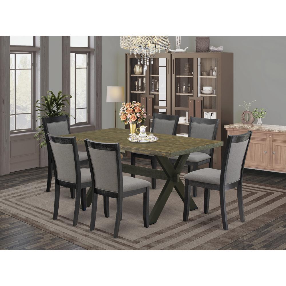 X676MZ650-7 7 Pc Dinette Set - Distressed Jacobean Kitchen Table with 6 Dark Gotham Grey Dining Chairs - Wire Brushed Black Finish. Picture 2