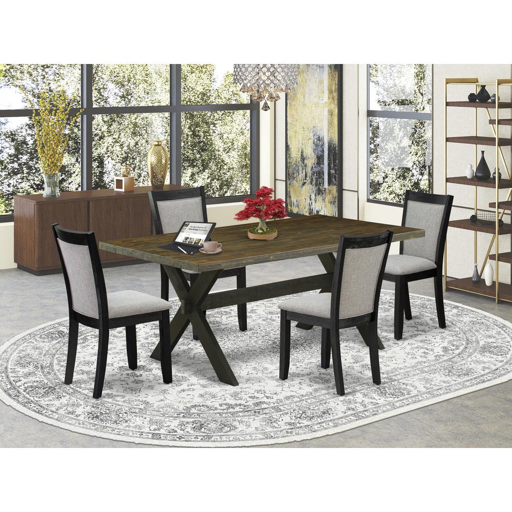 East West Furniture 5 Piece Dining Table Set - A Distressed Jacobean Top Modern Dining Room Table with Trestle Base and 4 Shitake Linen Fabric Kitchen Chairs - Wire Brushed Black Finish. Picture 2