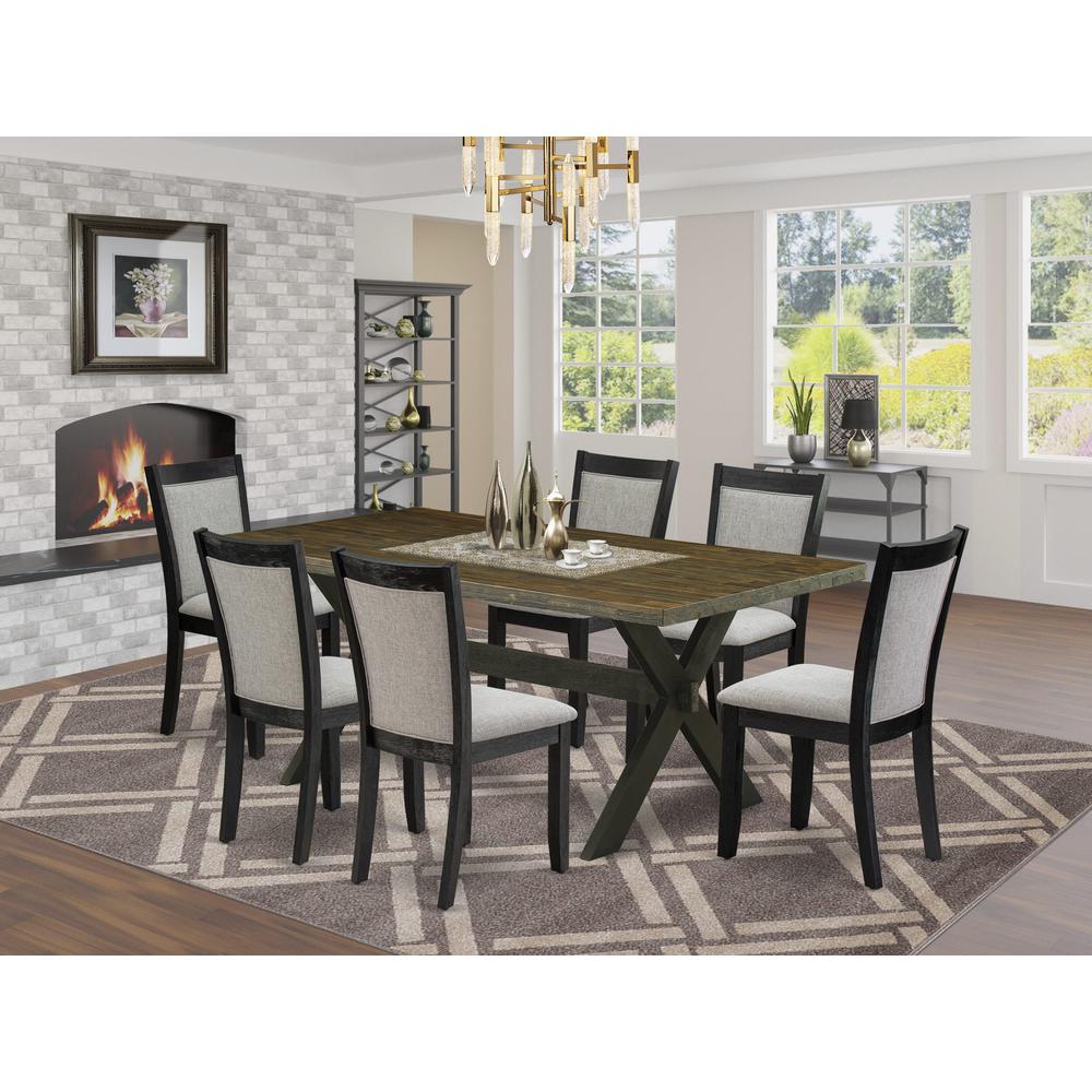 East West Furniture 7 Piece Dining Set - Distressed Jacobean Top Dinning Table with Trestle Base and 6 Shitake Linen Fabric Mid Century Dining Chairs - Wire Brushed Black Finish. Picture 2