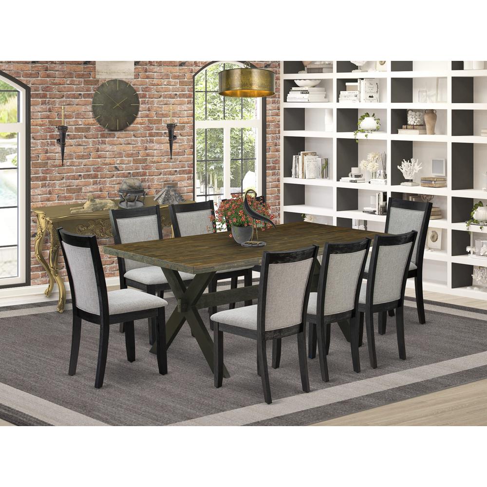 East West Furniture 9 Piece Dinette Set - A Distressed Jacobean Top Mid Century Dining Table with Trestle Base and 8 Shitake Linen Fabric Dining Room Chairs - Wire Brushed Black Finish. Picture 2