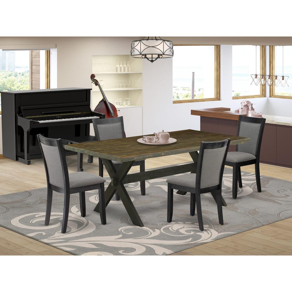 East West Furniture 5 Piece Dining Set - Distressed Jacobean Top Dining Table with Trestle Base and 4 Dark Gotham Grey Linen Fabric Upholstered Dining Chairs - Wire Brushed Black Finish. Picture 2