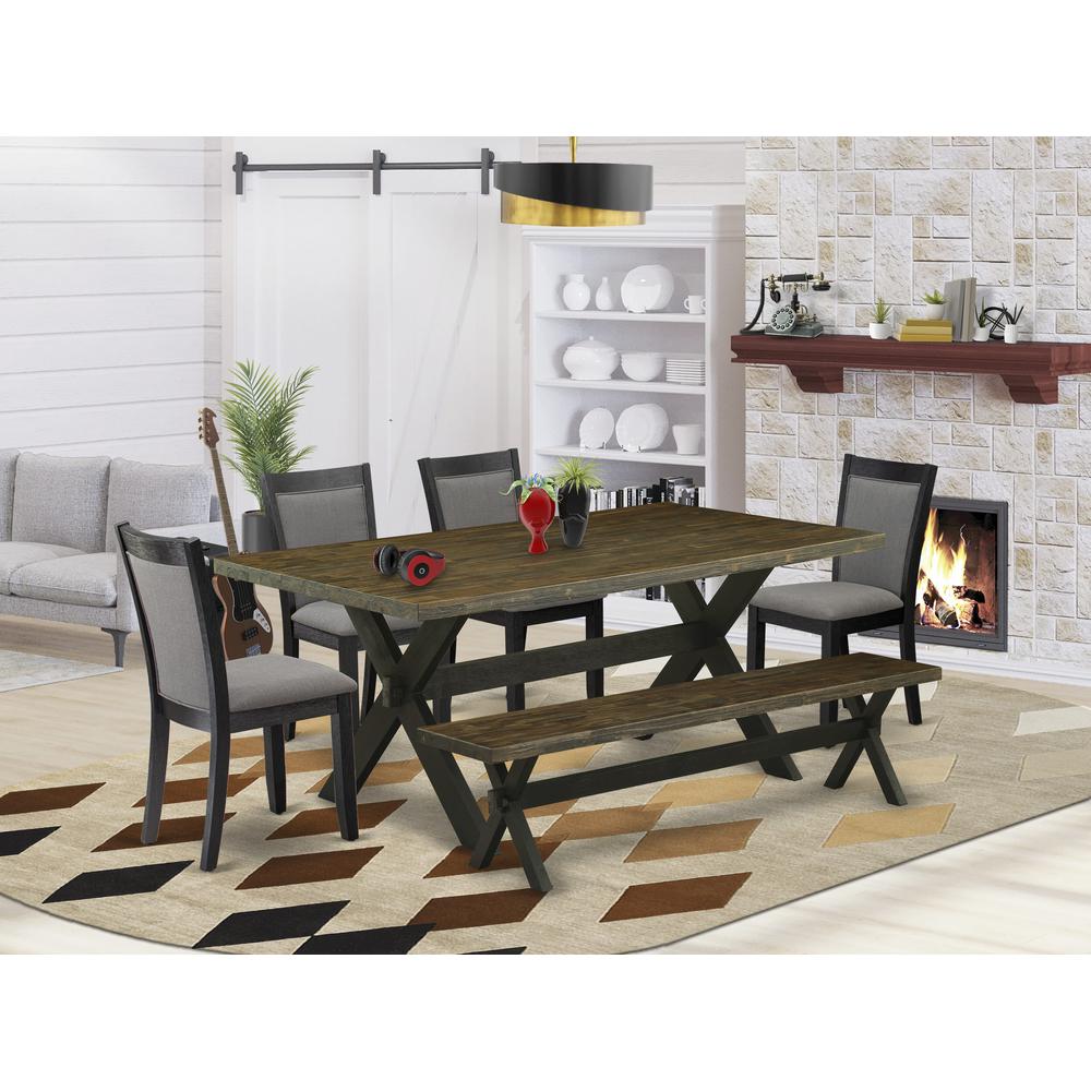 East West Furniture 6 Pc Dining Set - Distressed Jacobean Top Dinning Table with a Rustic Bench and 4 Dark Gotham Grey Linen Fabric Upholstered Chairs - Wire Brushed Black Finish. Picture 2