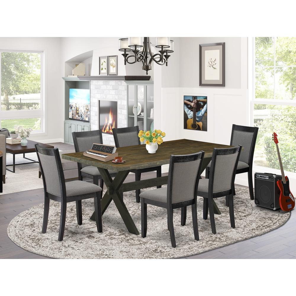 East West Furniture 7 Pc Dining Room Table Set - Distressed Jacobean Top Dinning Table with Trestle Base and 6 Dark Gotham Grey Linen Fabric Dining Chairs - Wire Brushed Black Finish. Picture 2