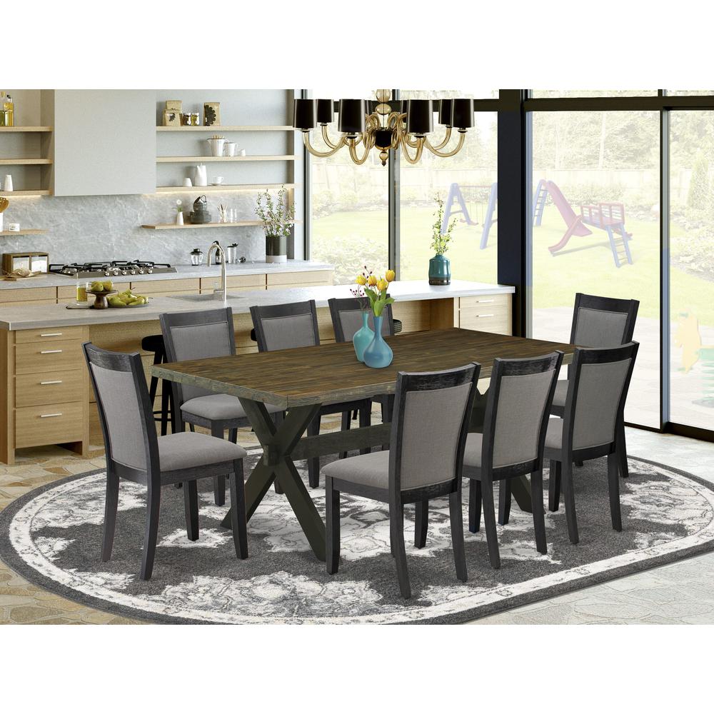 East West Furniture 9 Piece Dinette Set - A Distressed Jacobean Top Dining Table with Trestle Base and 8 Dark Gotham Grey Linen Fabric Dinning Chairs - Wire Brushed Black Finish. Picture 2
