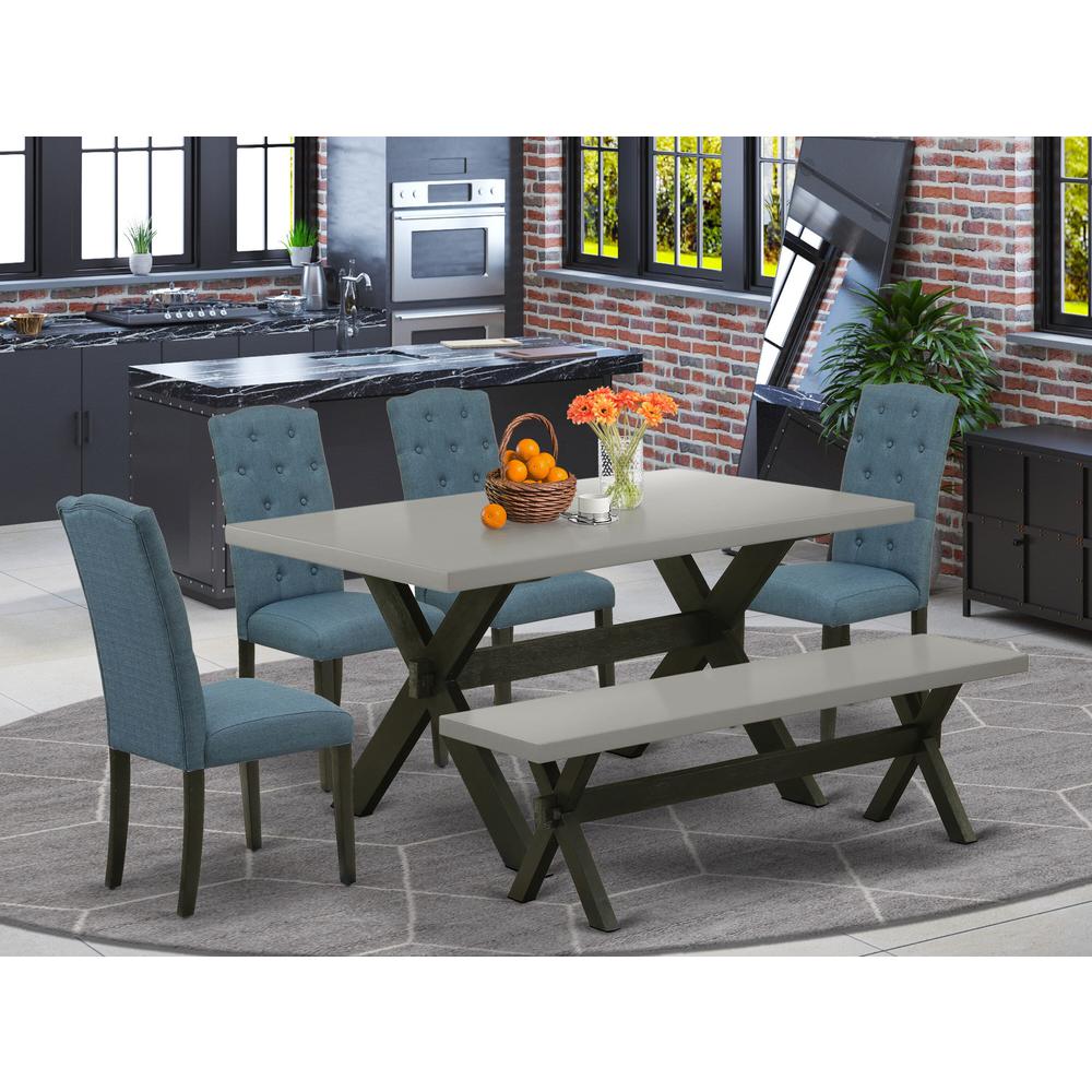 East West Furniture 6 Piece Table Set Includes a Cement Wooden Dining Table and a Dining Room Bench, 4 Blue Linen Fabric Dining Chairs with Button Tufted Back - Wire Brushed Black Finish. Picture 2