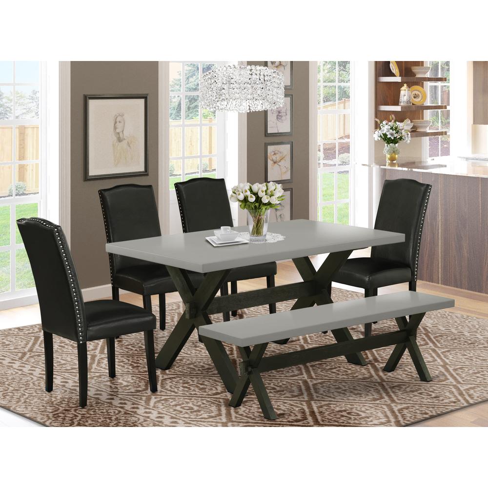 East West Furniture 6 Pc Dining Room Table Set Includes a Cement Wooden Dining Table and a Modern Bench, 4 Black PU Leather Parson Chairs with High Back - Wire Brushed Black Finish. Picture 2