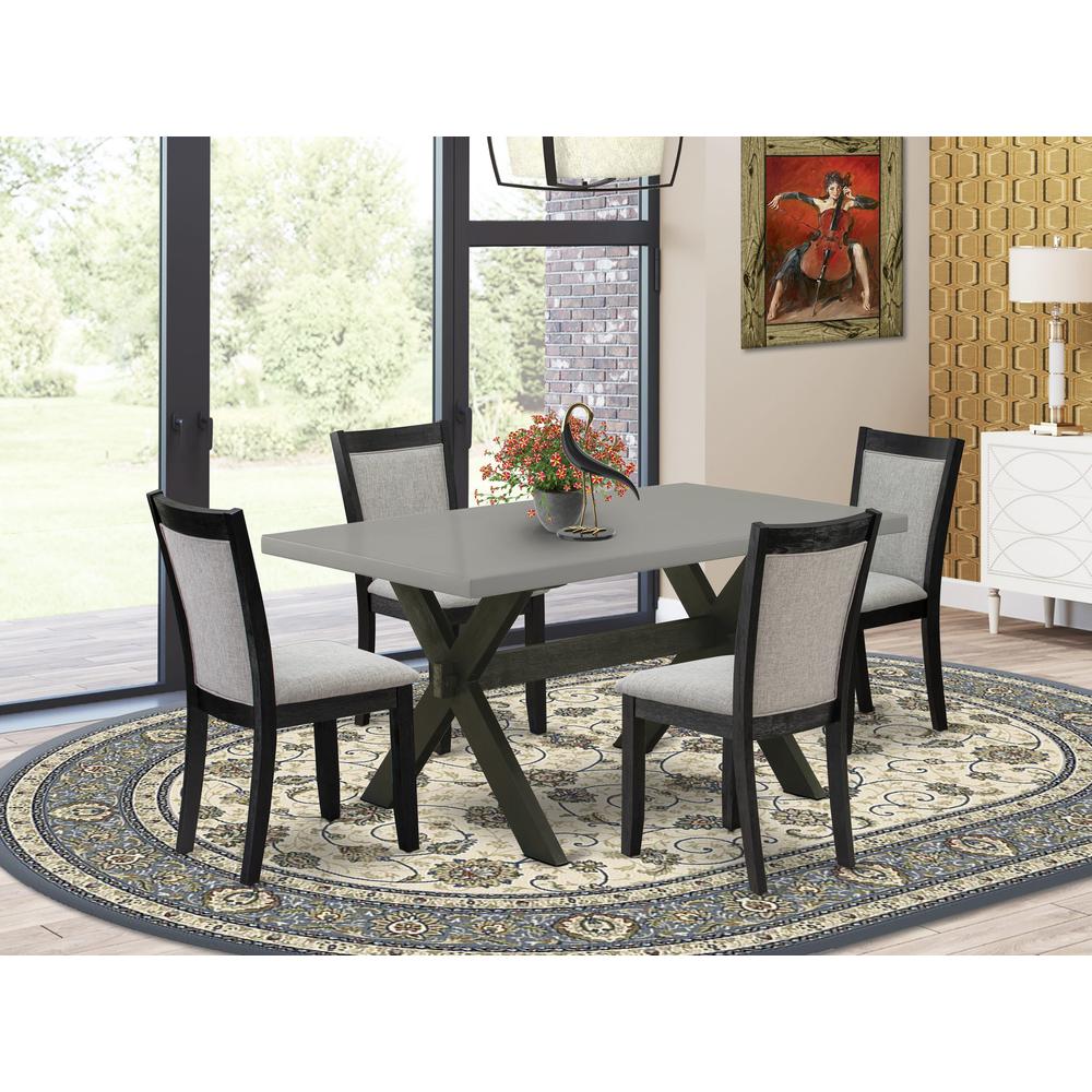 East West Furniture 5 Piece Dining Set - Cement Top Mid Century Modern Dining Table with Trestle Base and 4 Shitake Linen Fabric Kitchen Chairs - Wire Brushed Black Finish. Picture 2