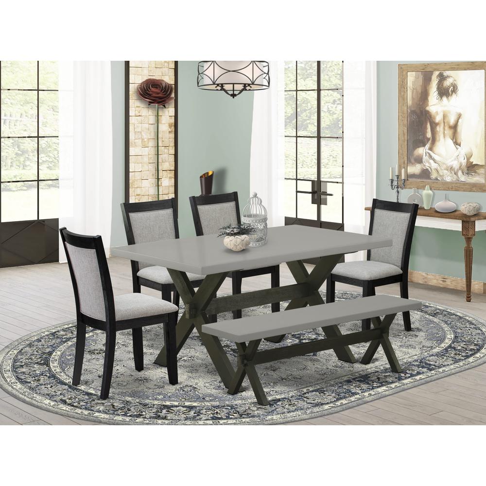 East West Furniture 6 Piece Kitchen Table Set - A Cement Top Kitchen Table with Small Wood Bench and 4 Shitake Linen Fabric Upholstered Wooden Dining Chairs - Wire Brushed Black Finish. Picture 2