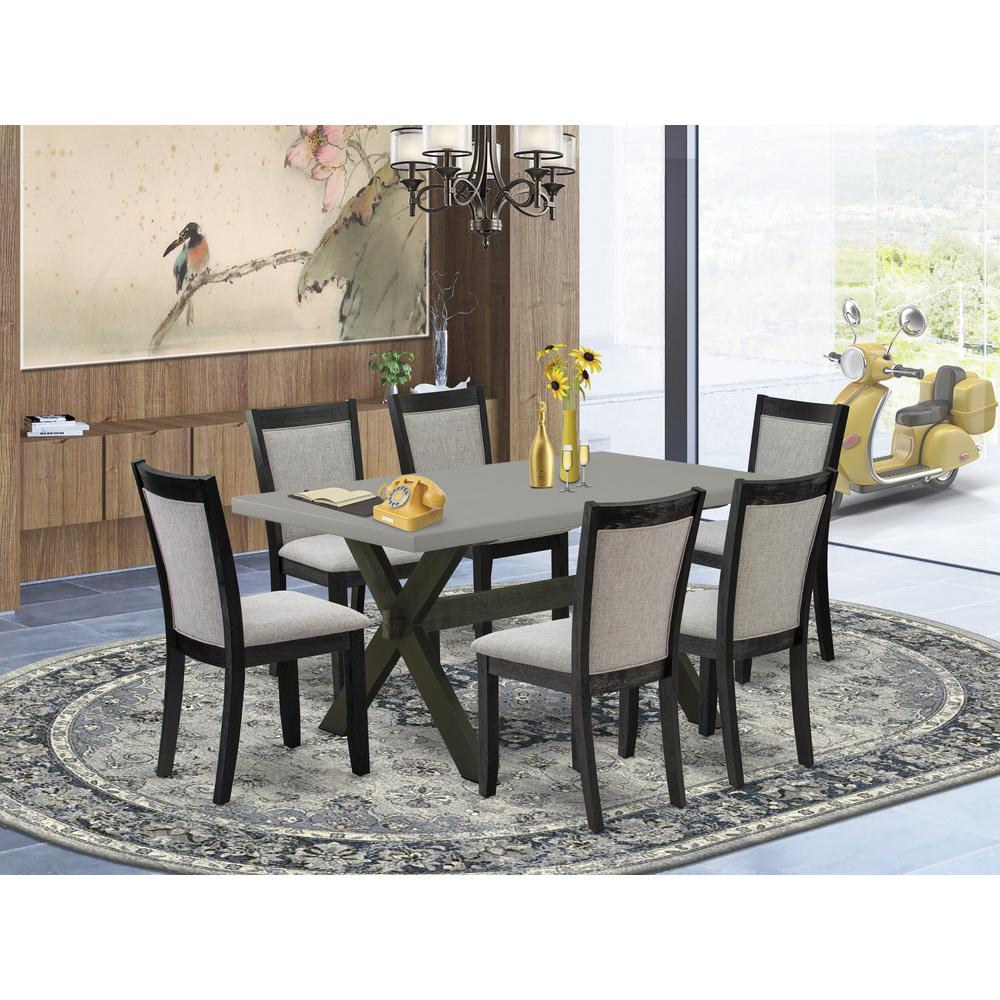 East West Furniture 7 Piece Dining Room Set - A Cement Top Wood Dining Table with Trestle Base and 6 Shitake Linen Fabric Wood Dining Chairs - Wire Brushed Black Finish. Picture 2