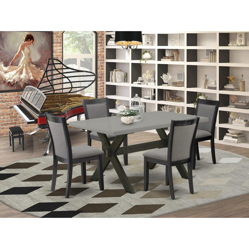 East West Furniture 5 Piece Modern Dining Set - A Cement Top Kitchen Table with Trestle Base and 4 Dark Gotham Grey Linen Fabric Dining Chairs - Wire Brushed Black Finish. Picture 2