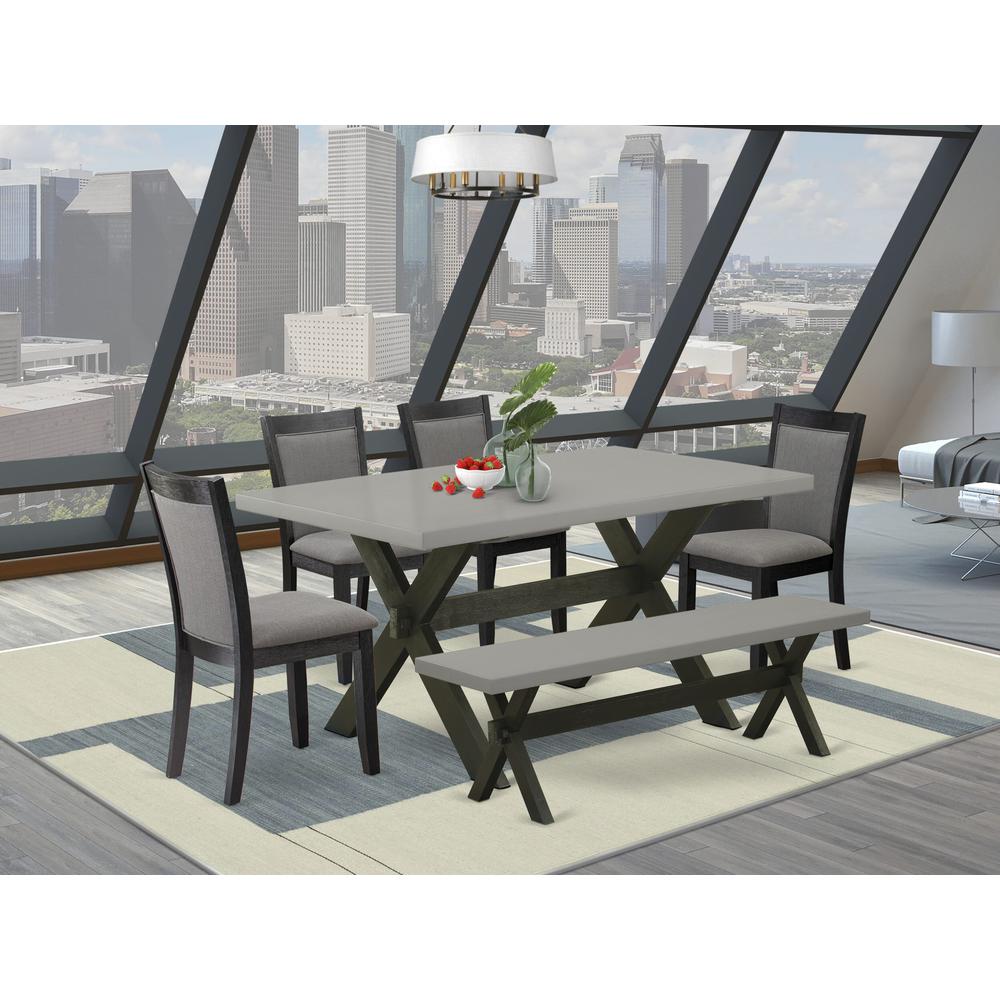 East West Furniture 6 Piece Modern Dining Set - A Cement Top Wood Dining Table with a Bench and 4 Dark Gotham Grey Linen Fabric Upholstered Dining Chairs - Wire Brushed Black Finish. Picture 2