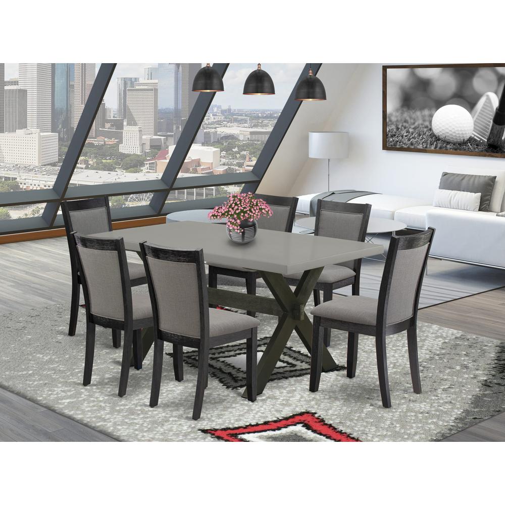 East West Furniture 7 Piece Dining Room Table Set - A Cement Top Mid Century Dining Table with Trestle Base and 6 Dark Gotham Grey Linen Fabric Parson Chairs - Wire Brushed Black Finish. Picture 2