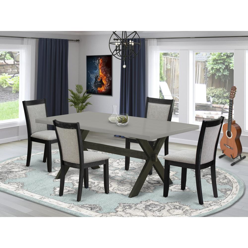 East West Furniture 5 Piece Modern Dining Set - A Cement Top Dinner Table with Trestle Base and 4 Shitake Linen Fabric Wood Dining Chairs - Wire Brushed Black Finish. Picture 2