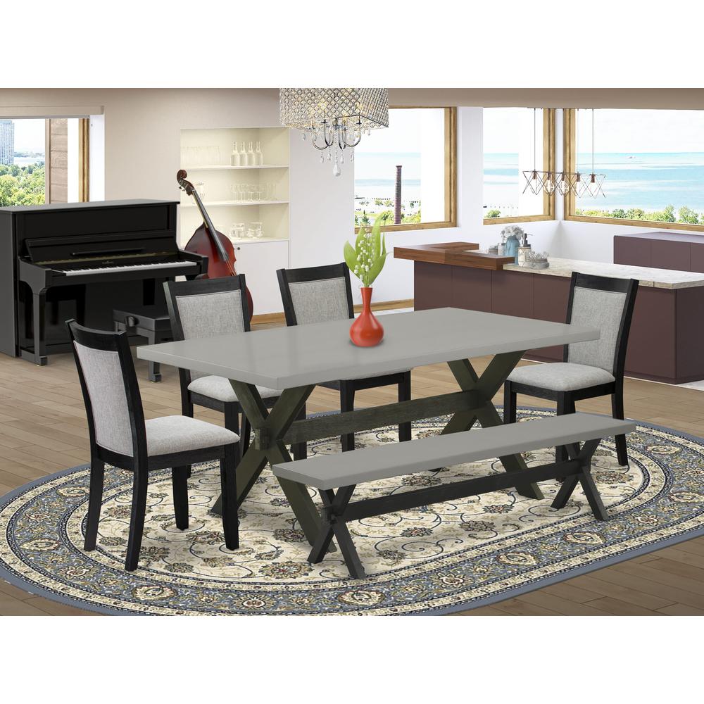 East West Furniture 6 Pc Dining Room Set - Cement Top Dining Table with a Wood Bench and 4 Shitake Linen Fabric Upholstered Kitchen Chairs - Wire Brushed Black Finish. Picture 2