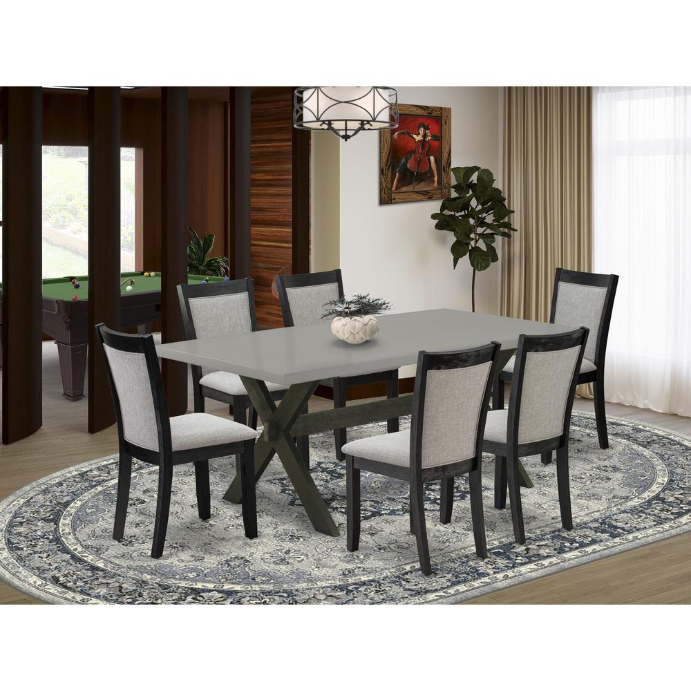 East West Furniture 7 Piece Mid Century Modern Dining Set - Cement Top Wooden Dining Table with Trestle Base and 6 Shitake Linen Fabric Dining Room Chairs - Wire Brushed Black Finish. Picture 2