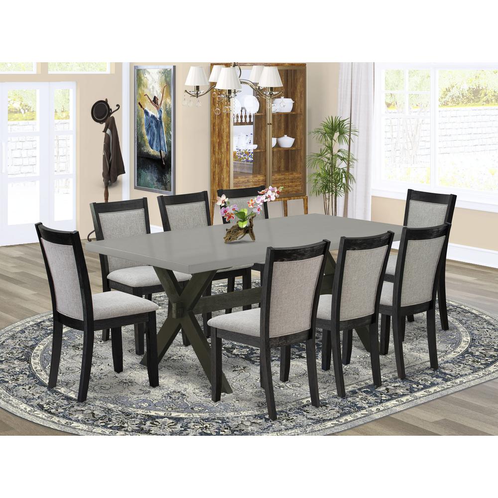 East West Furniture 9 Piece Modern Dining Set - Cement Top Mid Century Modern Dining Table with Trestle Base and 8 Shitake Linen Fabric Parson Chairs - Wire Brushed Black Finish. Picture 2