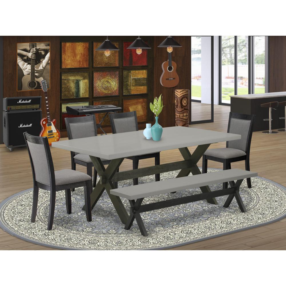 East West Furniture 6 Piece Table Set - Cement Top Modern Dining Table with a Dining Bench and 4 Dark Gotham Grey Linen Fabric Upholstered Parson Chairs - Wire Brushed Black Finish. Picture 2