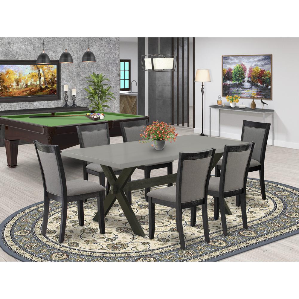 East West Furniture 7 Piece Kitchen Dining Table Set - Cement Top Modern Kitchen Table with Trestle Base and 6 Dark Gotham Grey Linen Fabric Dining Room Chairs - Wire Brushed Black Finish. Picture 2