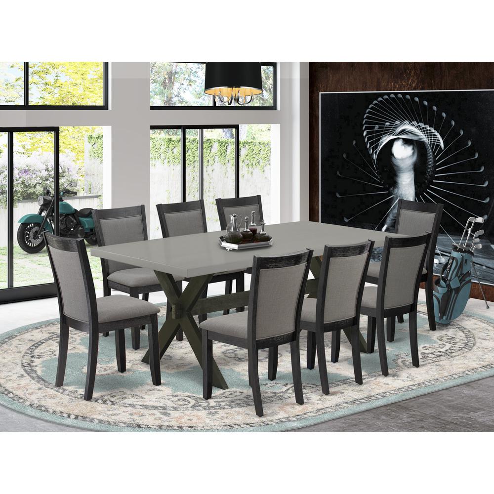 East West Furniture 9 Piece Dining Room Table Set - A Cement Top Wood Table with Trestle Base and 8 Dark Gotham Grey Linen Fabric Wooden Dining Chairs - Wire Brushed Black Finish. Picture 2