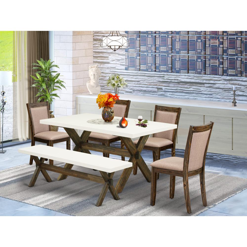 X726MZ716-6 6 Piece Dinning Set- A Kitchen Table in Trestle Base with Wood Bench and 4 Dining Chairs - Distressed Jacobean Finish. Picture 2