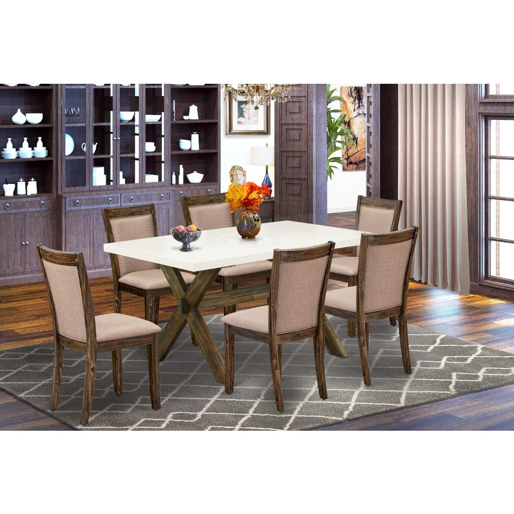 X726MZ716-7 7 Piece Modern Table Set - A Dining Table with Trestle Base and 6 Dining Room Chairs - Distressed Jacobean Finish. Picture 2