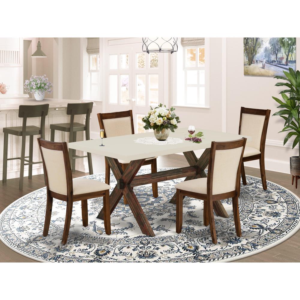 East West Furniture 5-Piece Dining Room Set Contains a Dinning Table and 4 Light Beige Linen Fabric Upholstered Chairs with Stylish Back - Distressed Jacobean Finish. Picture 2