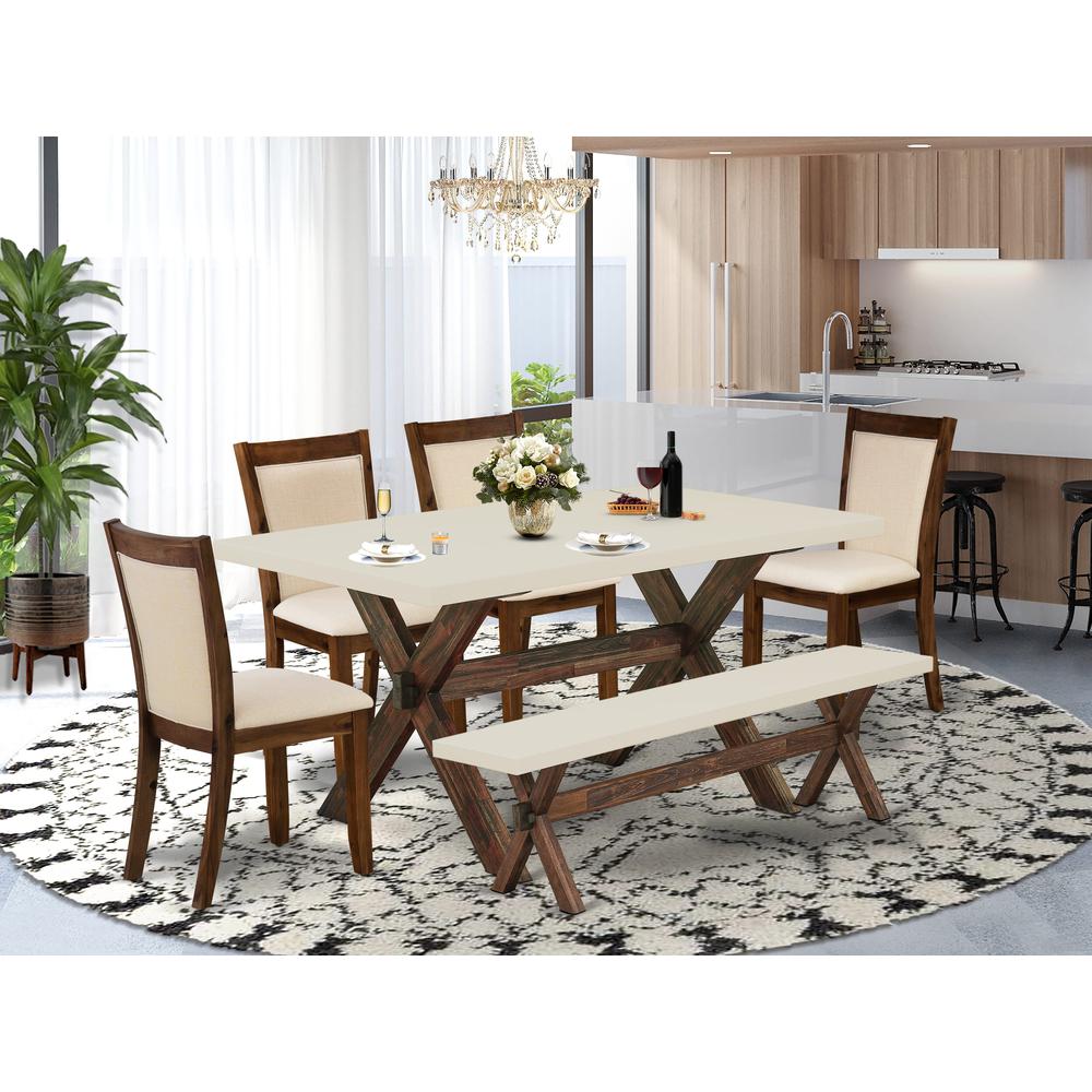 East West Furniture 6-Pc Dining Room Set Includes a Modern Table and a Small Bench with 4 Light Beige Linen Fabric Parson Dining Chairs with Stylish Back - Distressed Jacobean Finish. Picture 2
