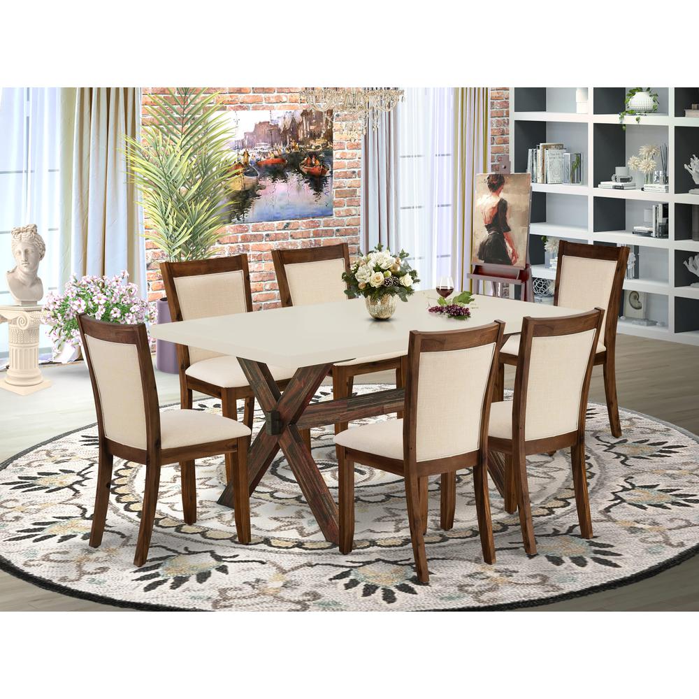 East West Furniture 7-Piece Kitchen Table Set Consists of a Dining Room Table and 6 Light Beige Linen Fabric Dining Room Chairs with Stylish Back - Distressed Jacobean Finish. Picture 2