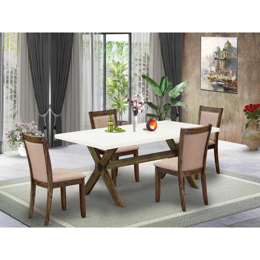 X727MZ716-5 5 Piece Dinner Table Set - A Wooden Dining Table with Trestle Base and 4 Parson Chairs - Distressed Jacobean Finish. Picture 2