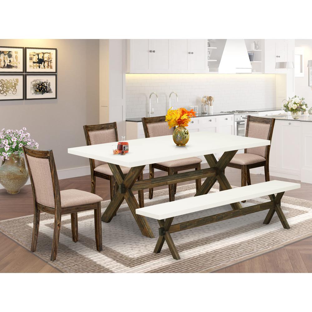 X727MZ716-6 6 Pc Dining Table Set- A Modern Table in Trestle Base with Wood Bench and 4 Parson Chairs - Distressed Jacobean Finish. Picture 2
