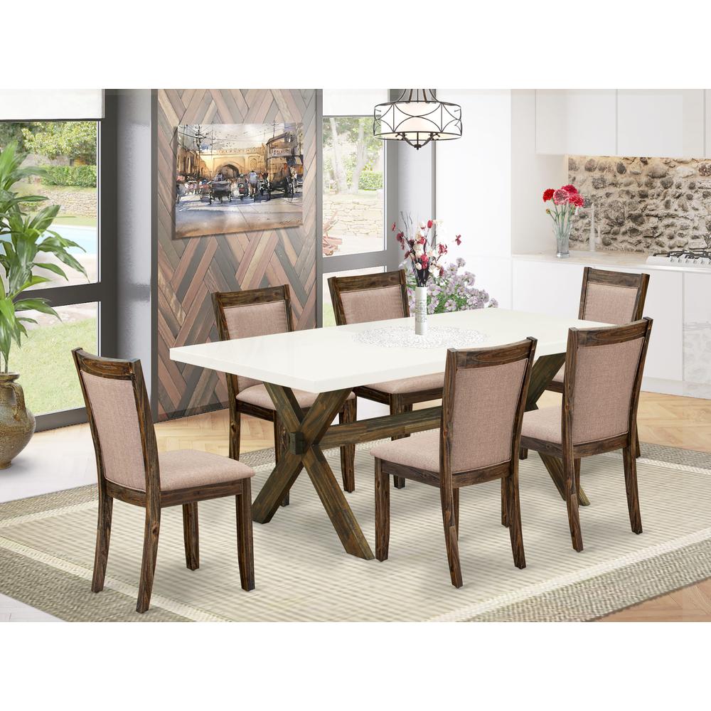 X727MZ716-7 7 Piece Modern Dinner Table Set - A Dining Table with Trestle Base and 6 Kitchen Chairs - Distressed Jacobean Finish. Picture 2