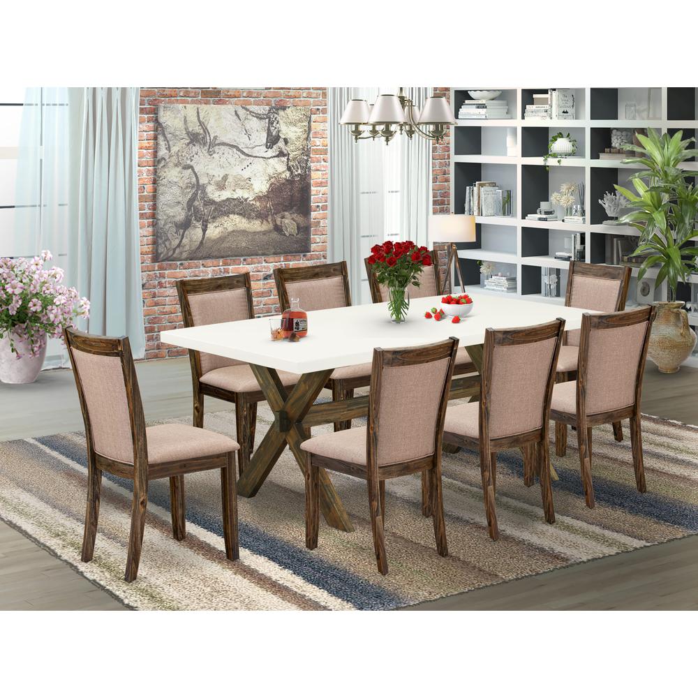 X727MZ716-9 9 Piece Innovative Dining Set - A Dinning Table with Trestle Base and 8 Kitchen Chairs - Distressed Jacobean Finish. Picture 2