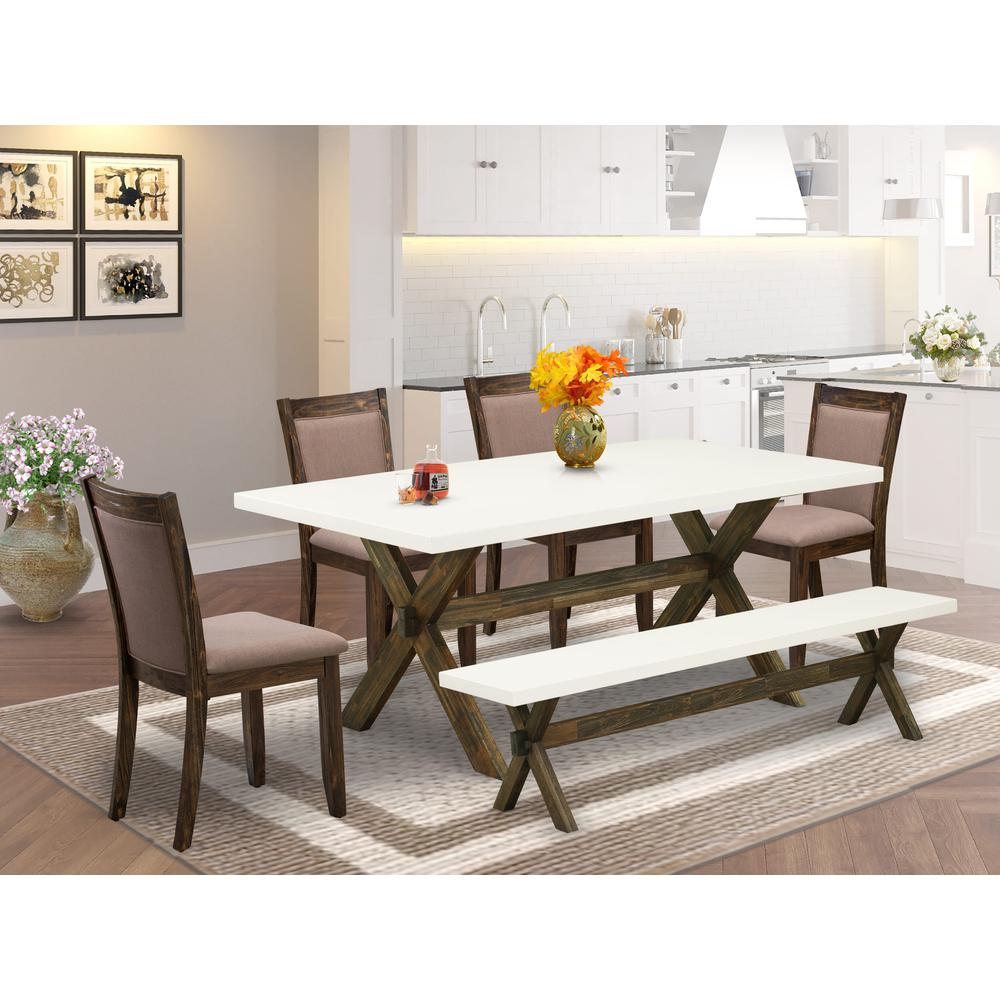 X727MZ748-6 6 Piece Dining Set- A Dinning Table in Trestle Base with Bench and 4 Coffee Dinner Chairs - Distressed Jacobean Finish. Picture 2