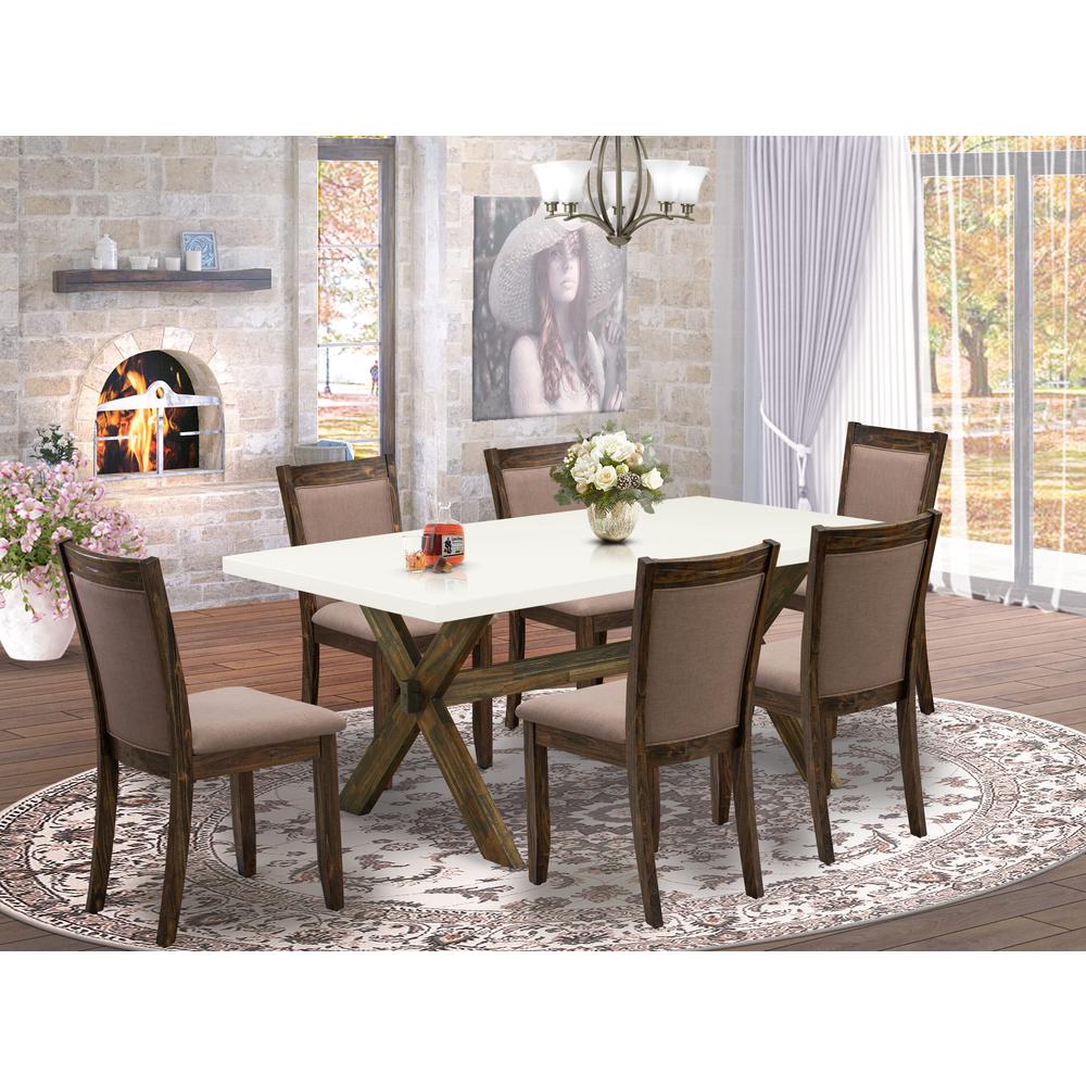 X727MZ748-7 7 Piece Modern Dining Set - A Dining Table with Trestle Base and 6 Coffee Dining Chairs - Distressed Jacobean Finish. Picture 2
