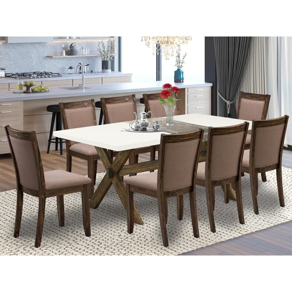 X727MZ748-9 9 Pc Innovative Dining Set - A Kitchen Table with Trestle Base and 8 Coffee Dining Chairs - Distressed Jacobean Finish. Picture 2
